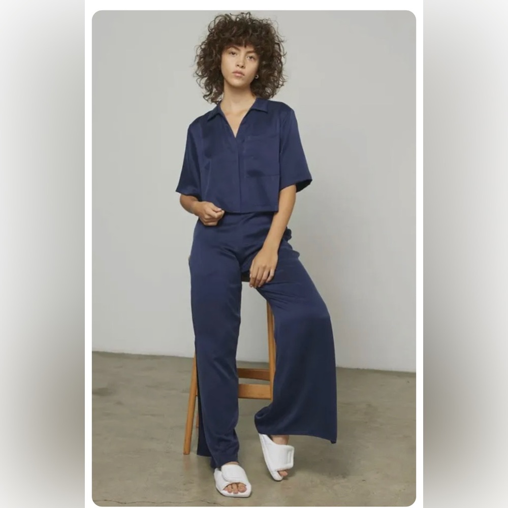 House of Harlow x Revolve matching gold satin set wide leg pants button up top.